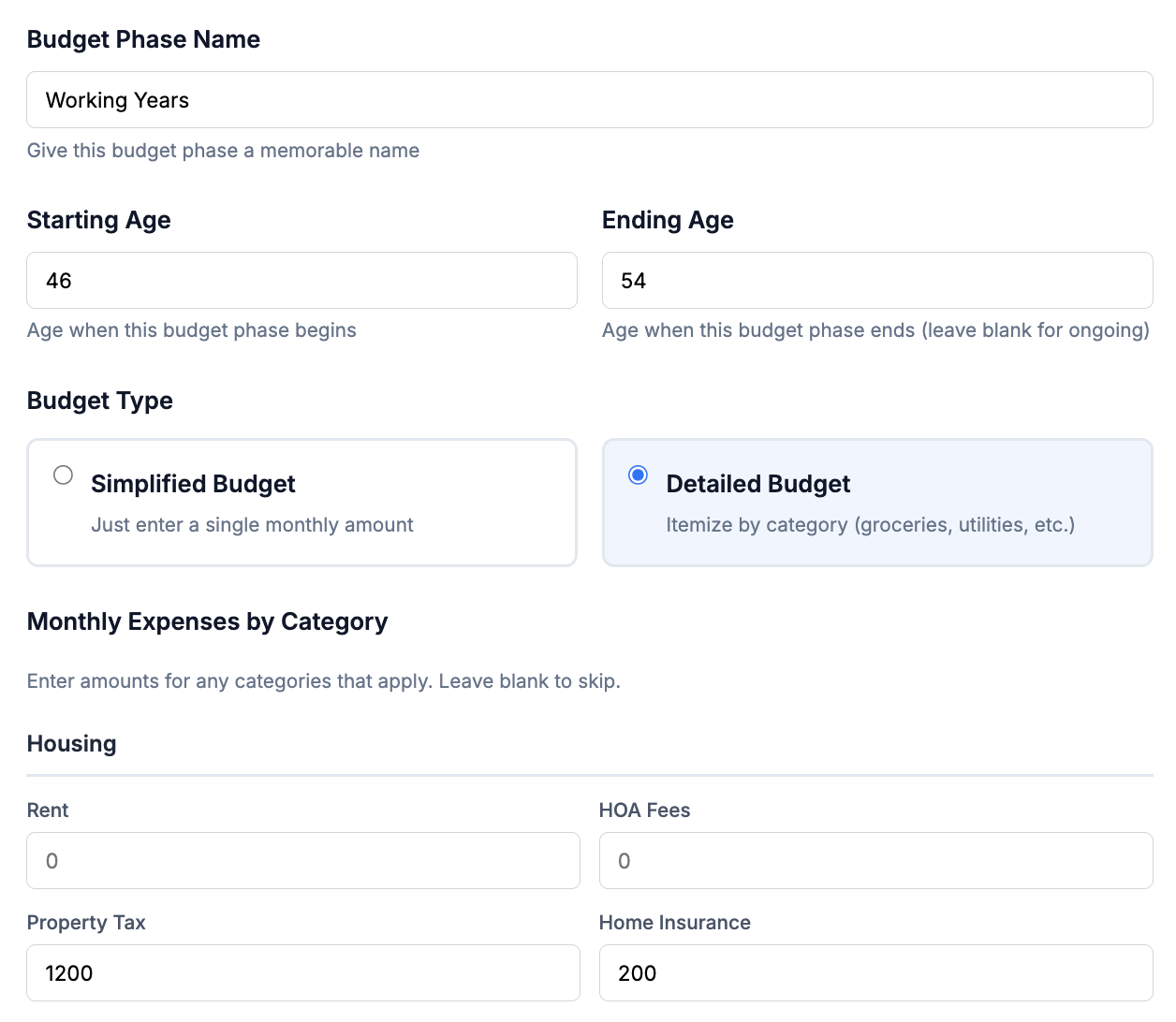 Detailed budget view with category breakdown