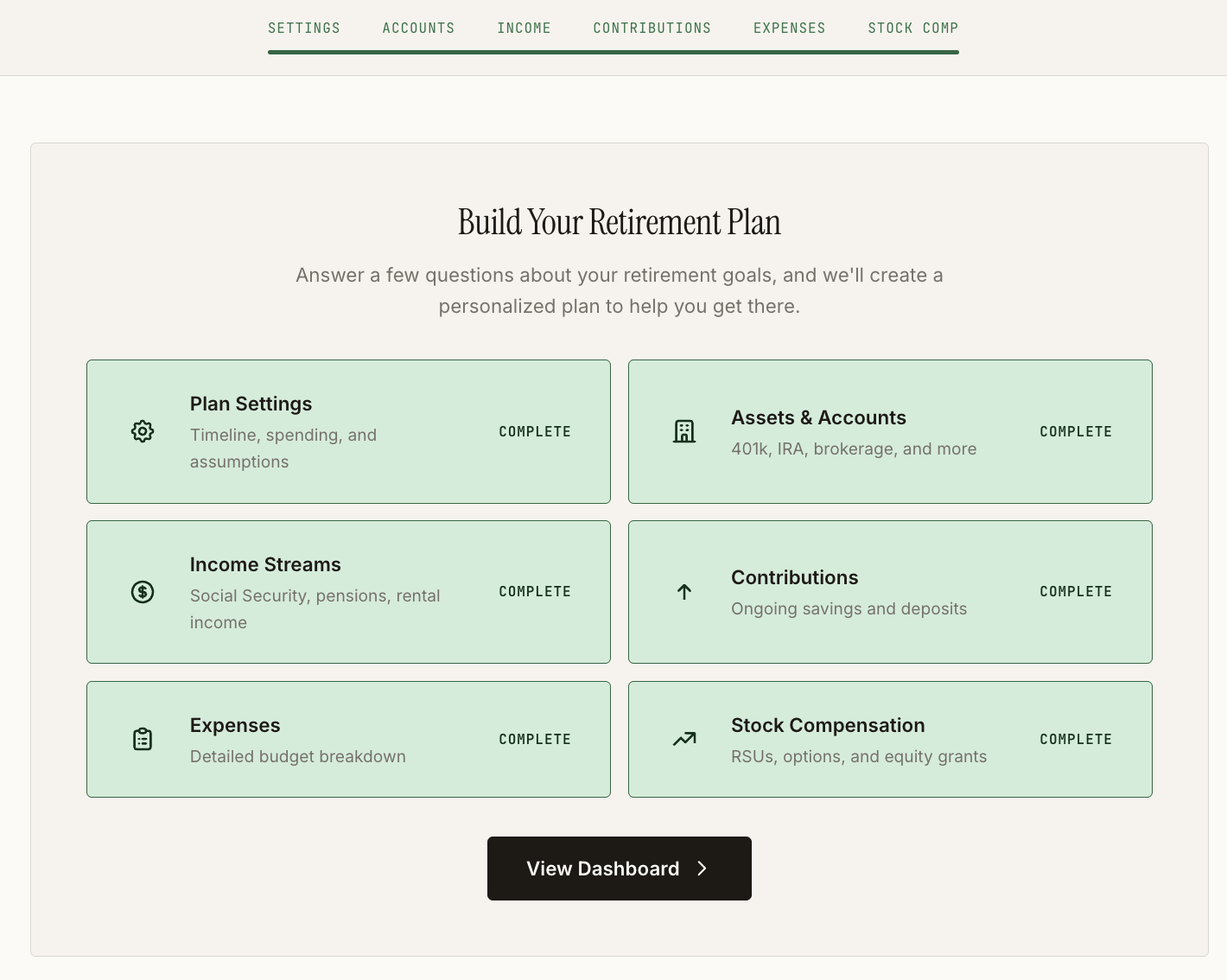 Plan Builder home page showing all sections