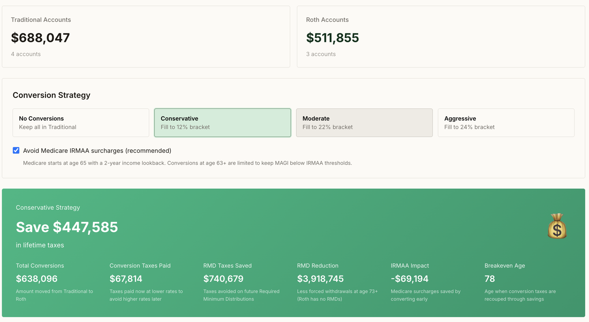 Traditional vs Roth balance projections with and without conversions