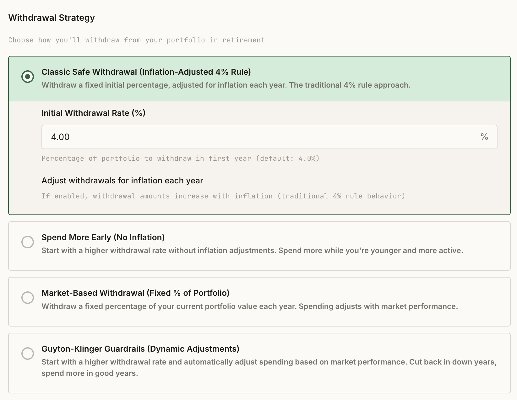 Withdrawal strategy options in RetirePlanAI